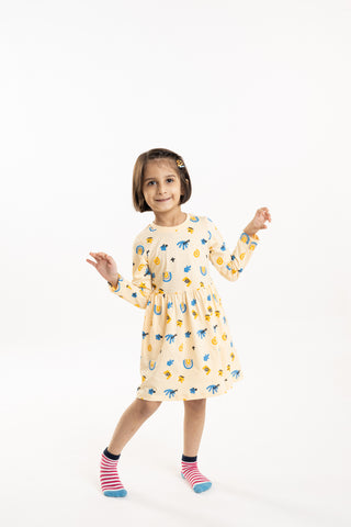 Abstract Adventure Full Sleeve Dress with Pockets in Butter Cream