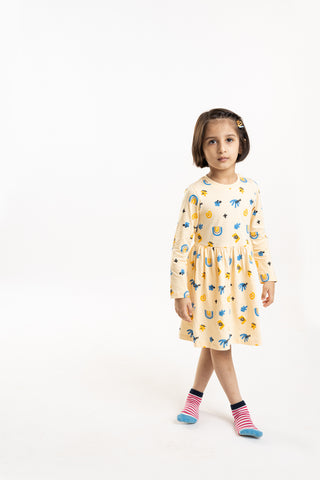 Abstract Adventure Full Sleeve Dress with Pockets in Butter Cream