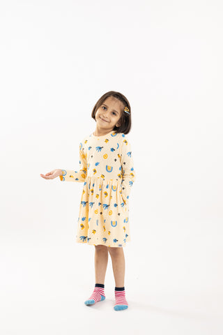 Abstract Adventure Full Sleeve Dress with Pockets in Butter Cream