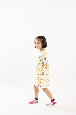 Abstract Adventure Full Sleeve Dress with Pockets in Butter Cream