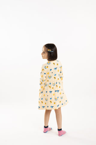 Abstract Adventure Full Sleeve Dress with Pockets in Butter Cream