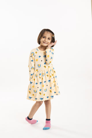 Abstract Adventure Full Sleeve Dress with Pockets in Butter Cream