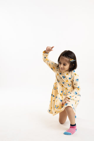 Abstract Adventure Full Sleeve Dress with Pockets in Butter Cream