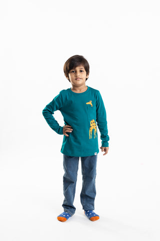 Pocketful of Giraffe Full Sleeve T-Shirt in Dark Turquoise - Unisex