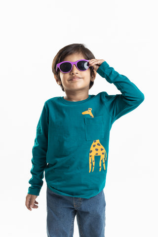 Pocketful of Giraffe Full Sleeve T-Shirt in Dark Turquoise - Unisex