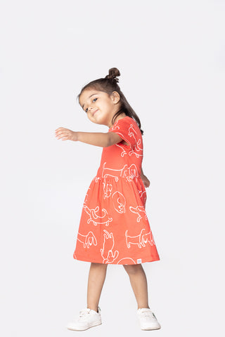 Doodle-Poodle Dress with Pockets in Mandarin Red