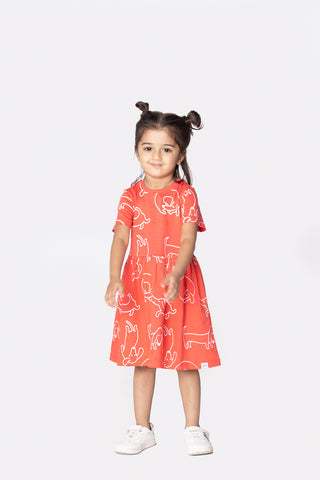 Doodle-Poodle Dress with Pockets in Mandarin Red