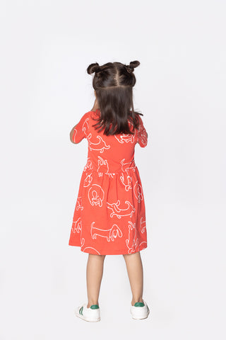 Doodle-Poodle Dress with Pockets in Mandarin Red